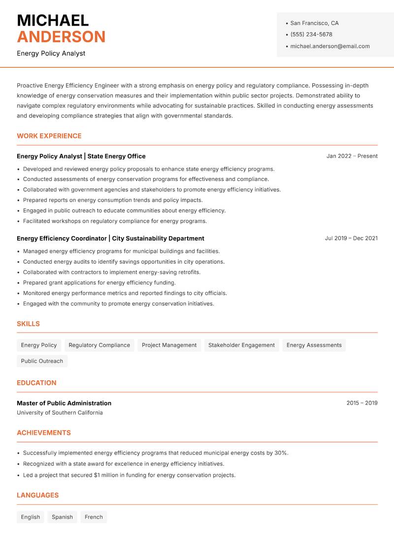 Energy Efficiency Engineer resume template — Modern Professional