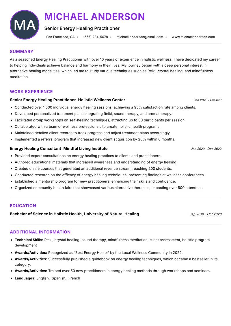Energy Healing Practitioner resume example — ATS-friendly template