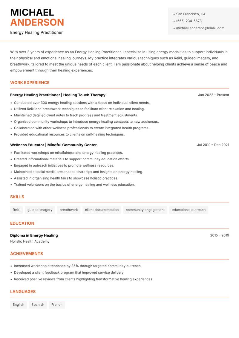 Energy Healing Practitioner resume template — Modern Professional