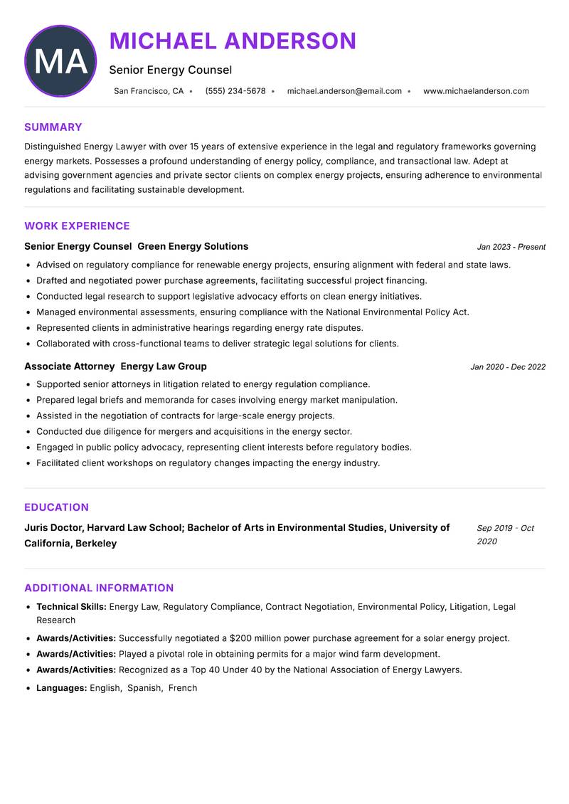 Energy Lawyer resume example — ATS-friendly template