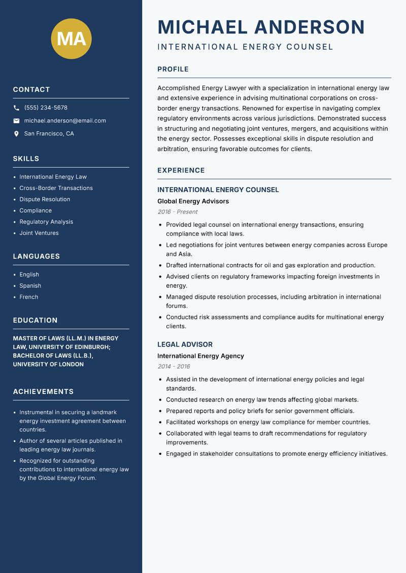Energy Lawyer resume template — Classic Clean