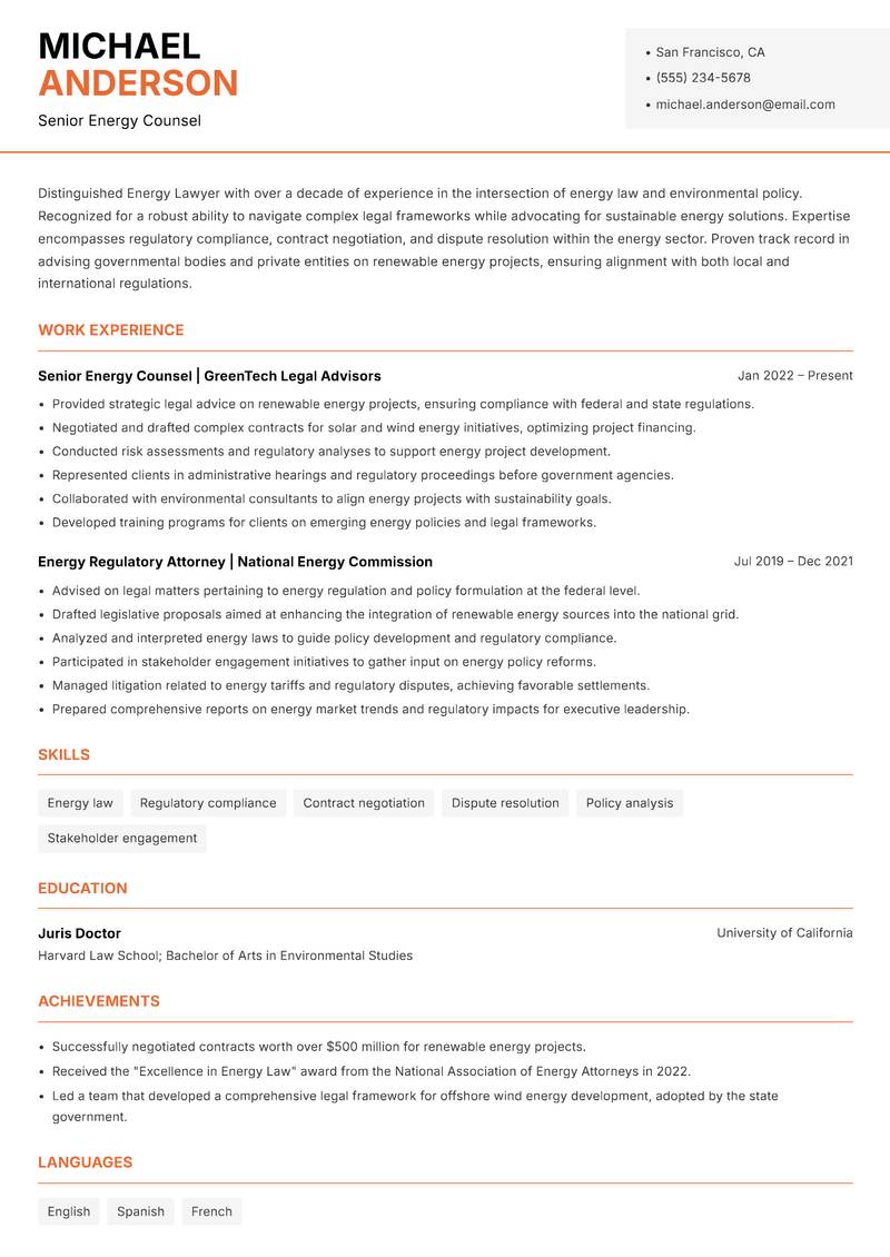 Energy Lawyer resume template — Modern Professional