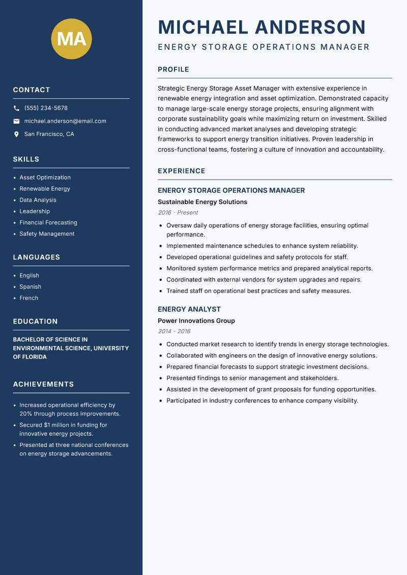 Energy Storage Asset Manager resume template — Classic Clean