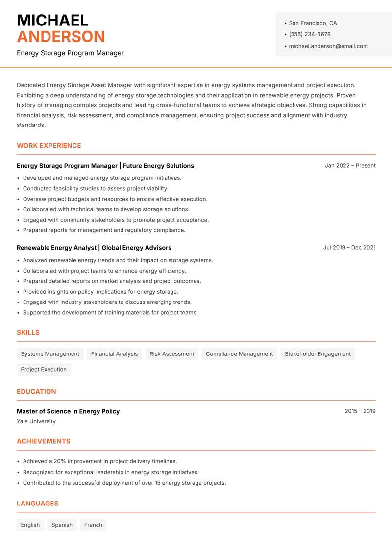 Energy Storage Asset Manager resume template — Modern Professional