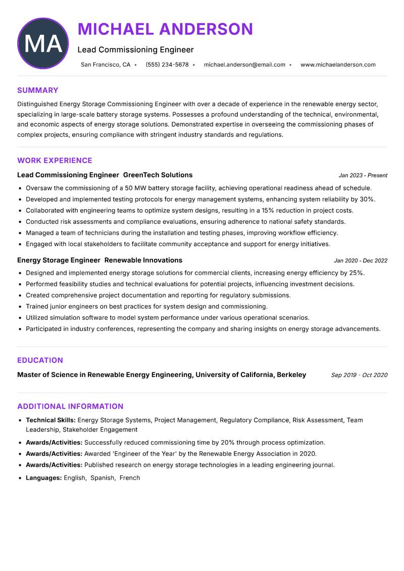 Energy Storage Commissioning Engineer resume example — ATS-friendly template