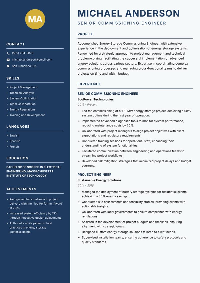 Energy Storage Commissioning Engineer resume template — Classic Clean