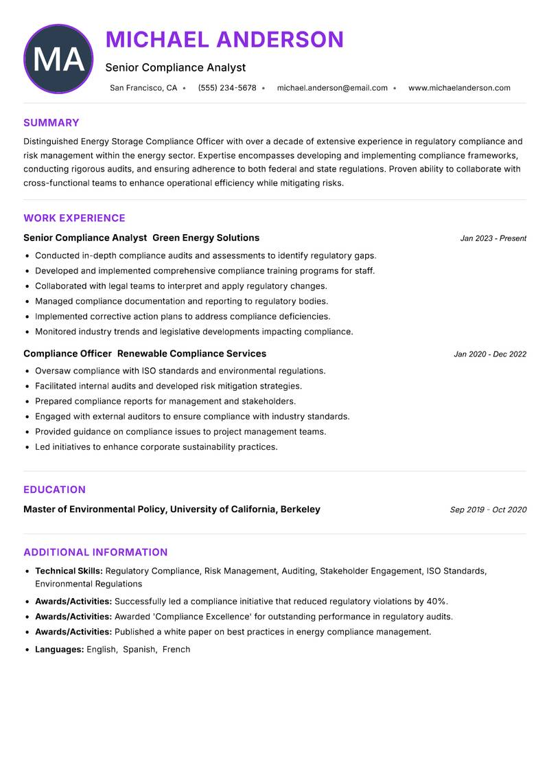 Energy Storage Compliance Officer resume example — ATS-friendly template