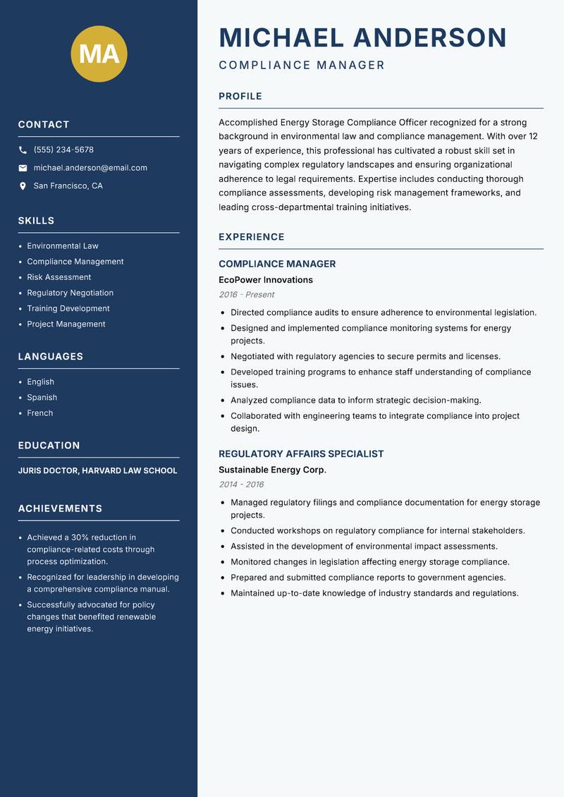 Energy Storage Compliance Officer resume template — Classic Clean
