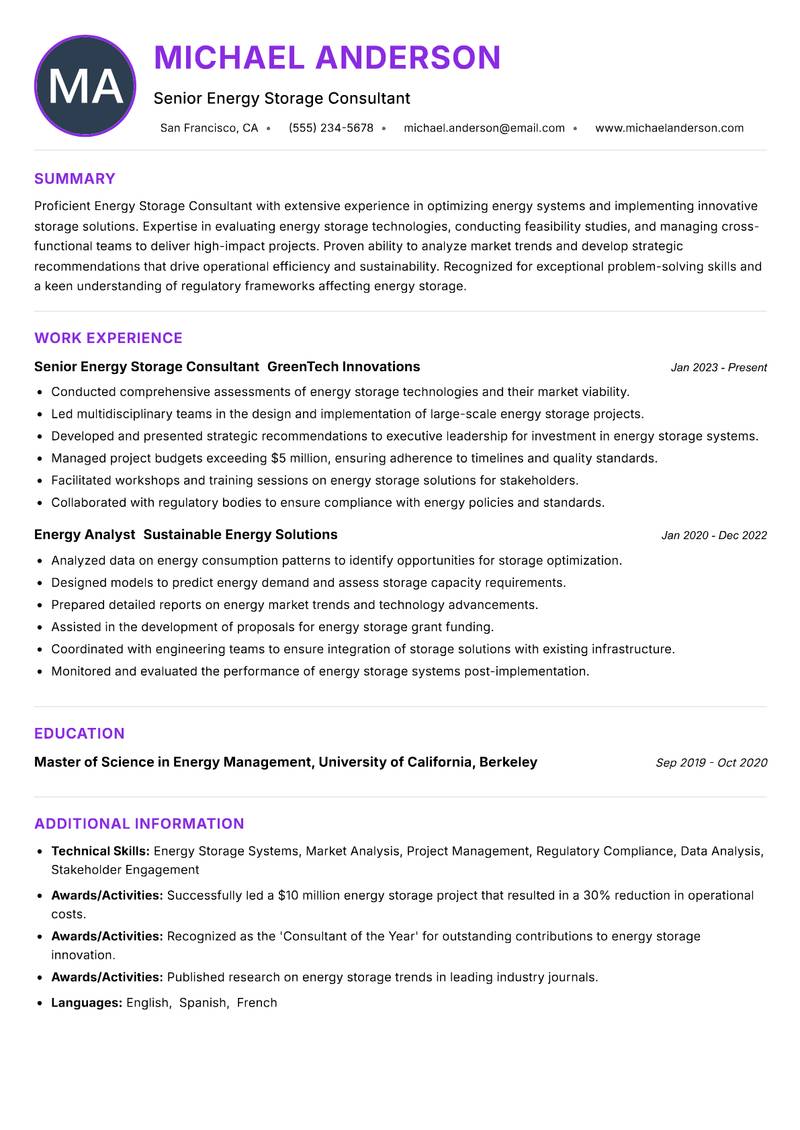 Energy Storage Consultant resume example — ATS-friendly template
