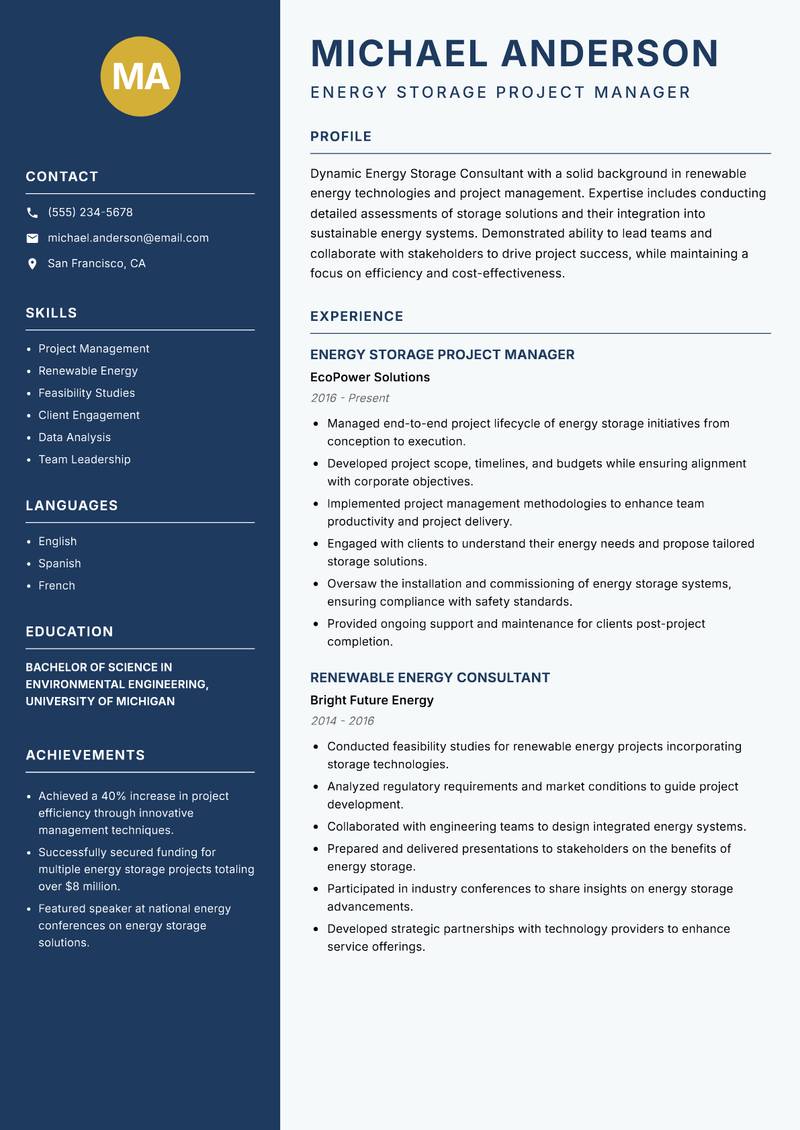 Energy Storage Consultant resume template — Classic Clean