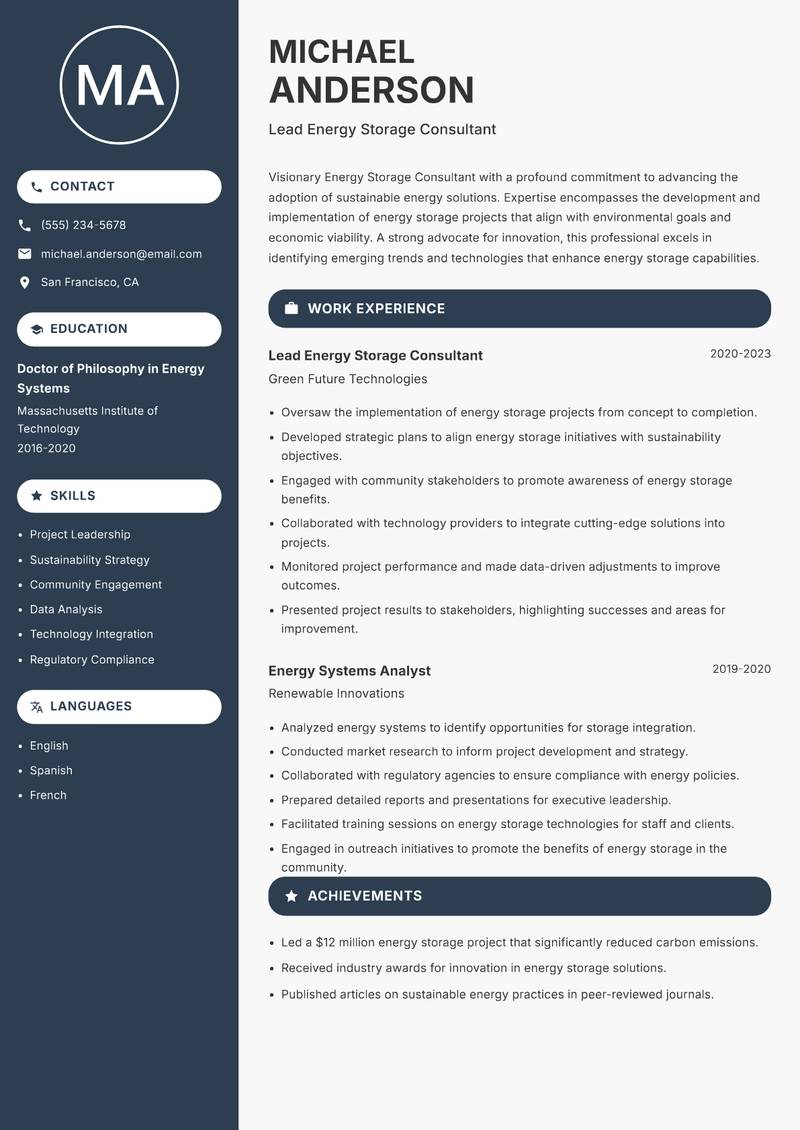 Energy Storage Consultant resume template — Compact