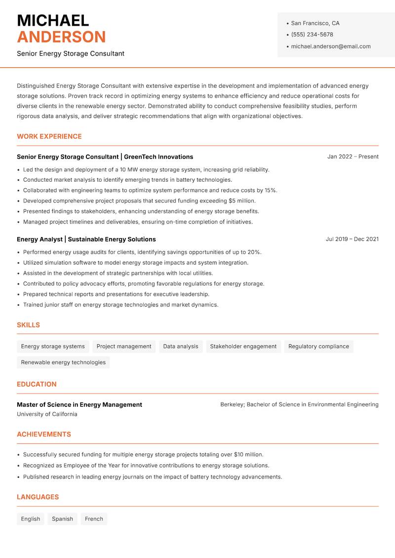 Energy Storage Consultant resume template — Modern Professional