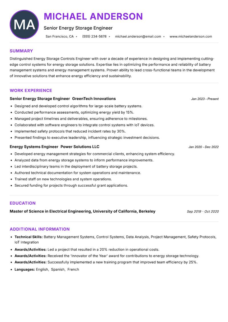 Energy Storage Controls Engineer resume example — ATS-friendly template