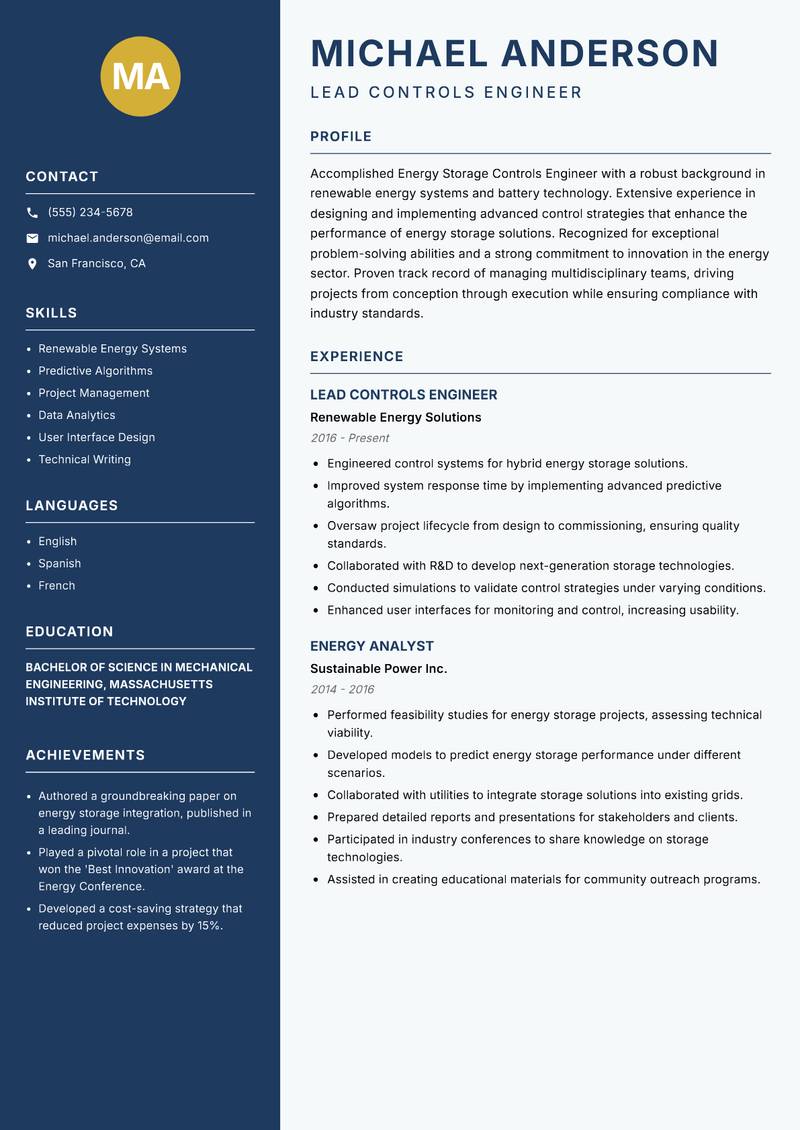 Energy Storage Controls Engineer resume template — Classic Clean