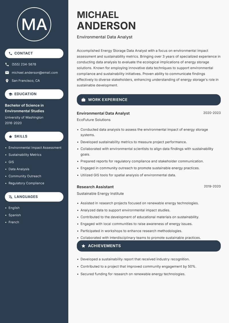 Energy Storage Data Analyst resume template — Compact