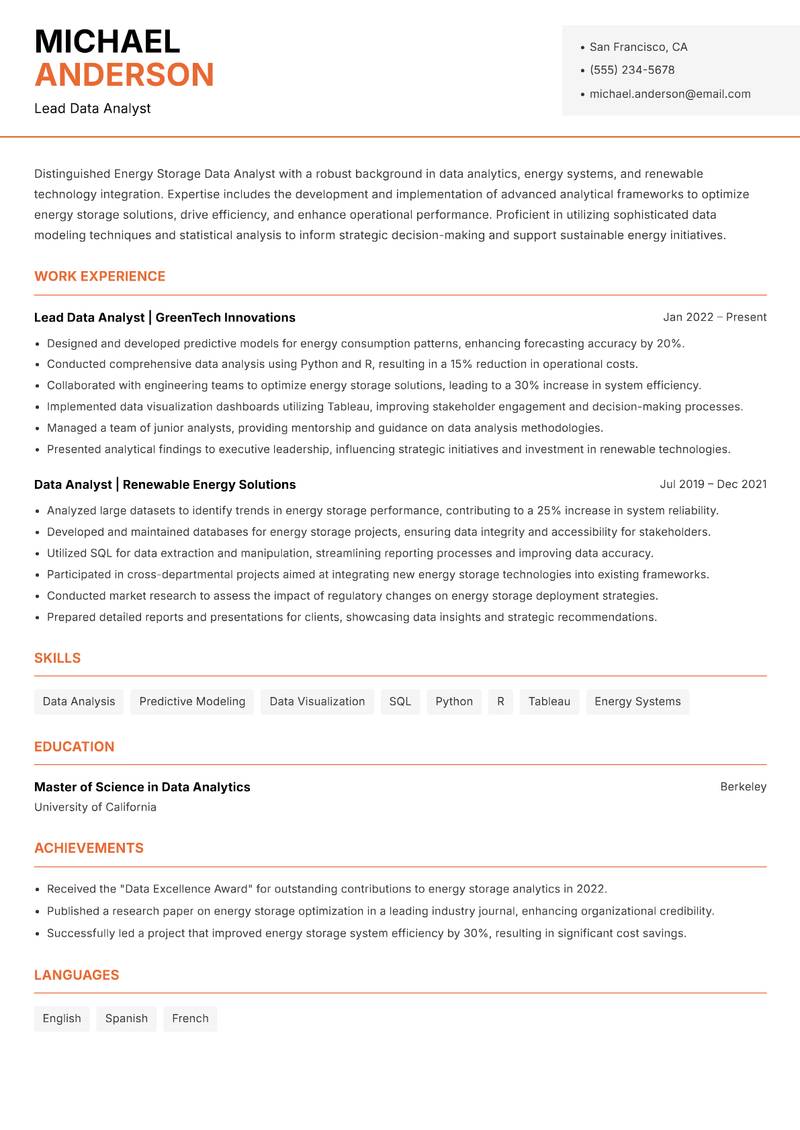 Energy Storage Data Analyst resume template — Modern Professional