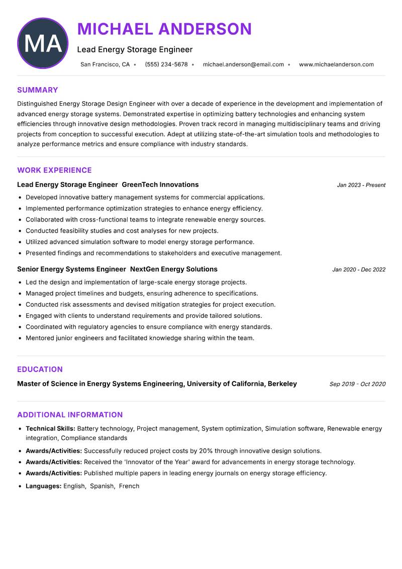 Energy Storage Design Engineer resume example — ATS-friendly template