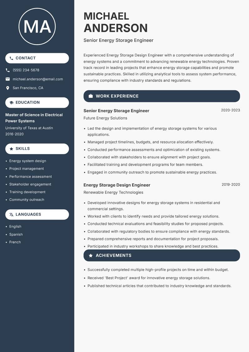 Energy Storage Design Engineer resume template — Compact