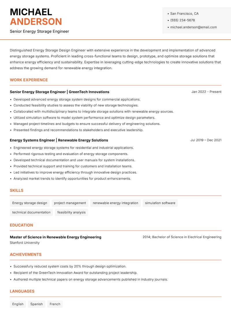 Energy Storage Design Engineer resume template — Modern Professional