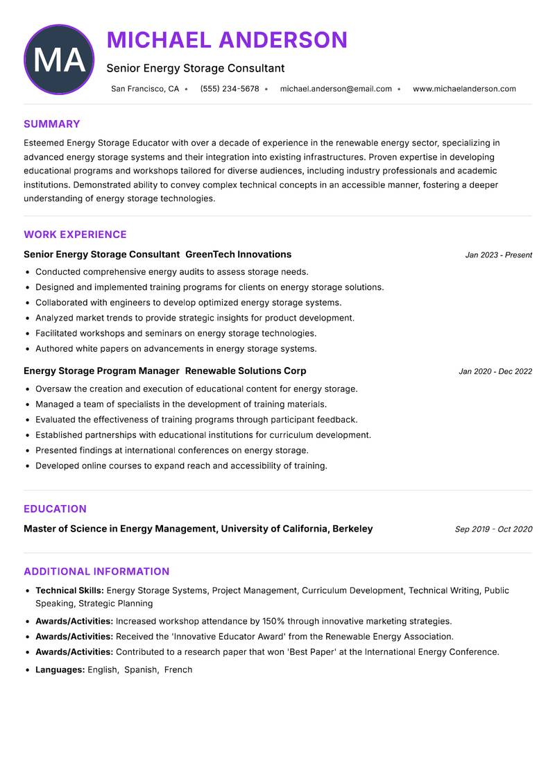 Energy Storage Educator resume example — ATS-friendly template