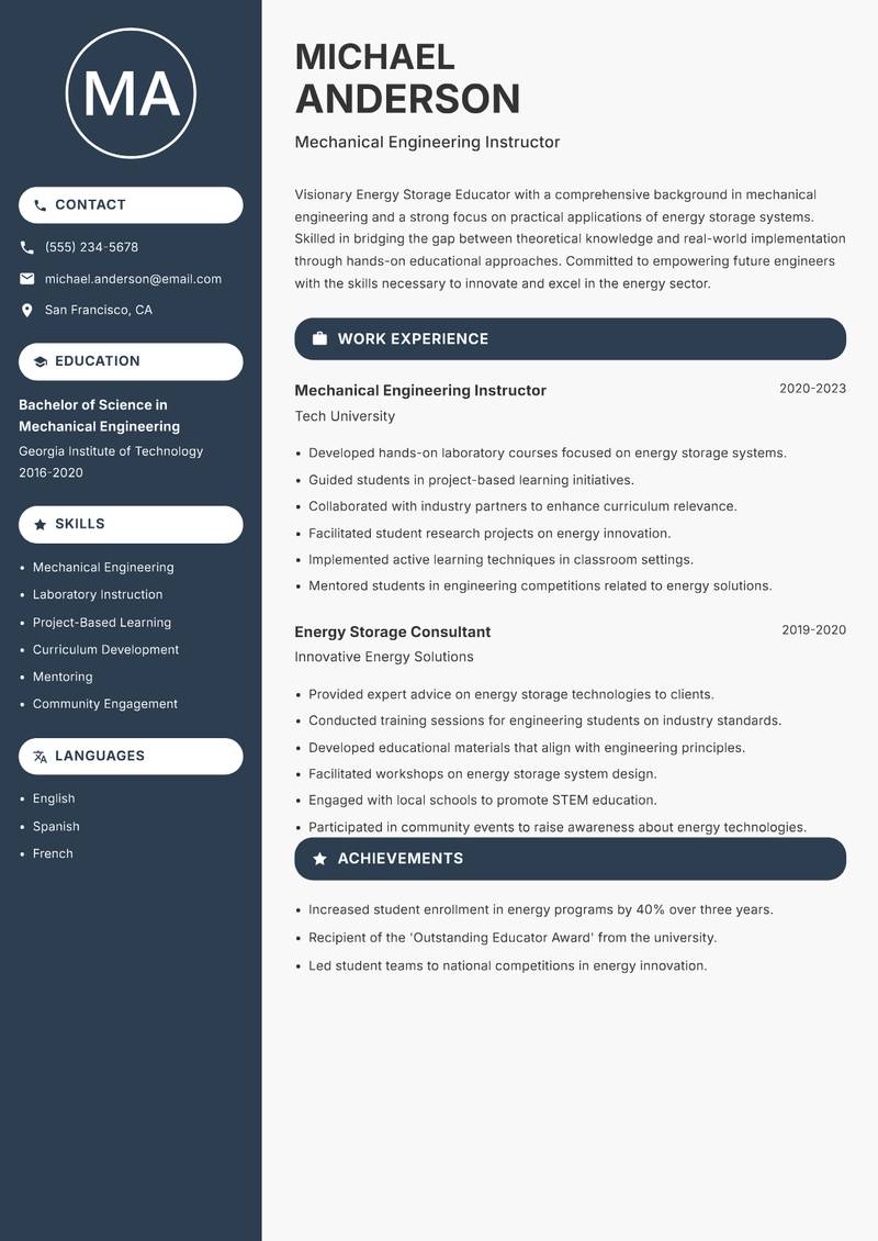 Energy Storage Educator resume template — Compact