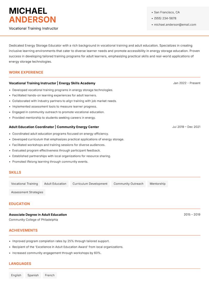 Energy Storage Educator resume template — Modern Professional