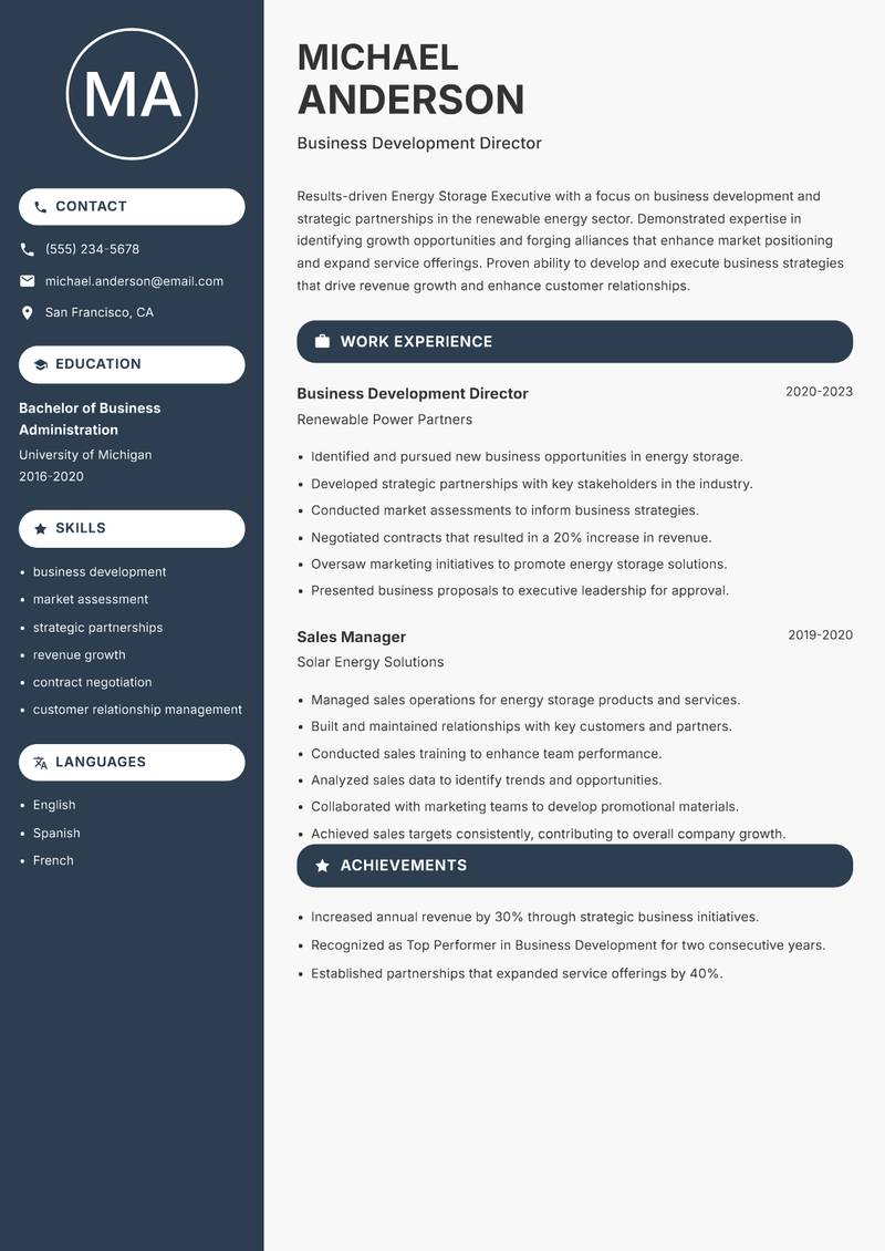 Energy Storage Executive resume template — Compact