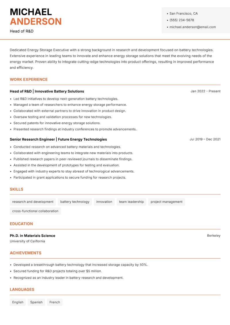 Energy Storage Executive resume template — Modern Professional