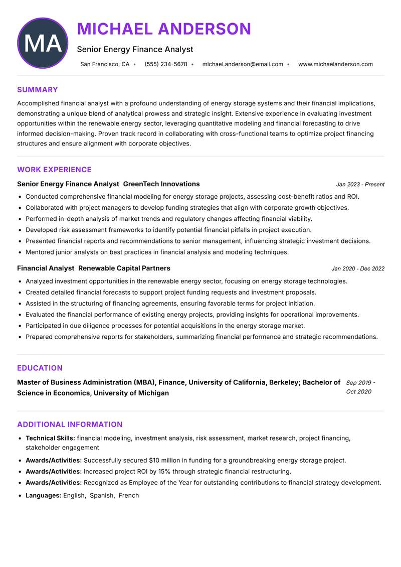 Energy Storage Finance Analyst resume example — ATS-friendly template