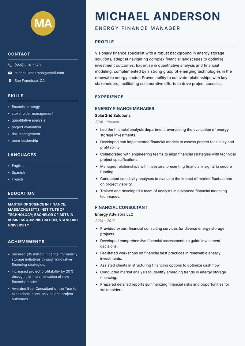 Energy Storage Finance Analyst resume template — Classic Clean
