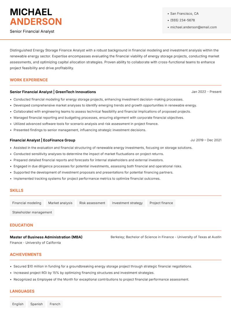 Energy Storage Finance Analyst resume template — Modern Professional