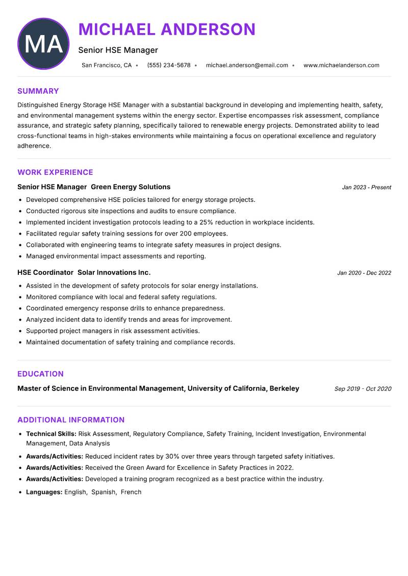 Energy Storage HSE Manager resume example — ATS-friendly template