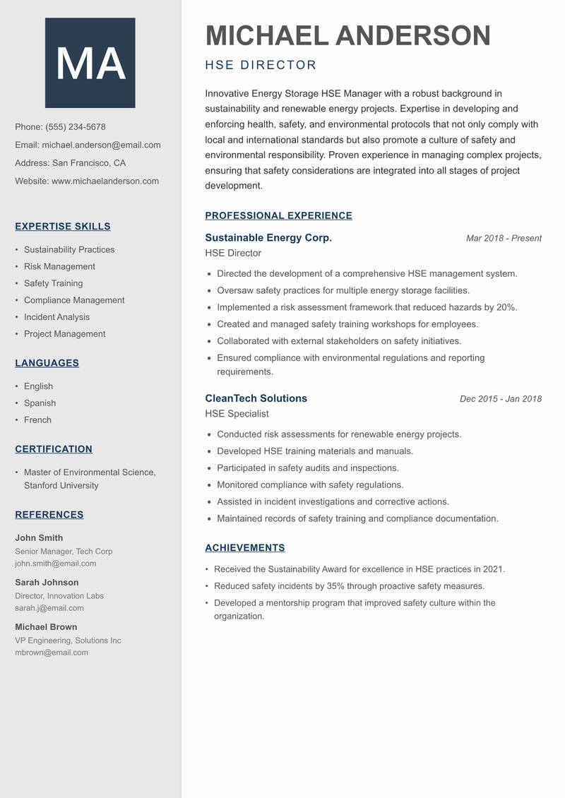 Energy Storage HSE Manager resume template — Creative Minimal