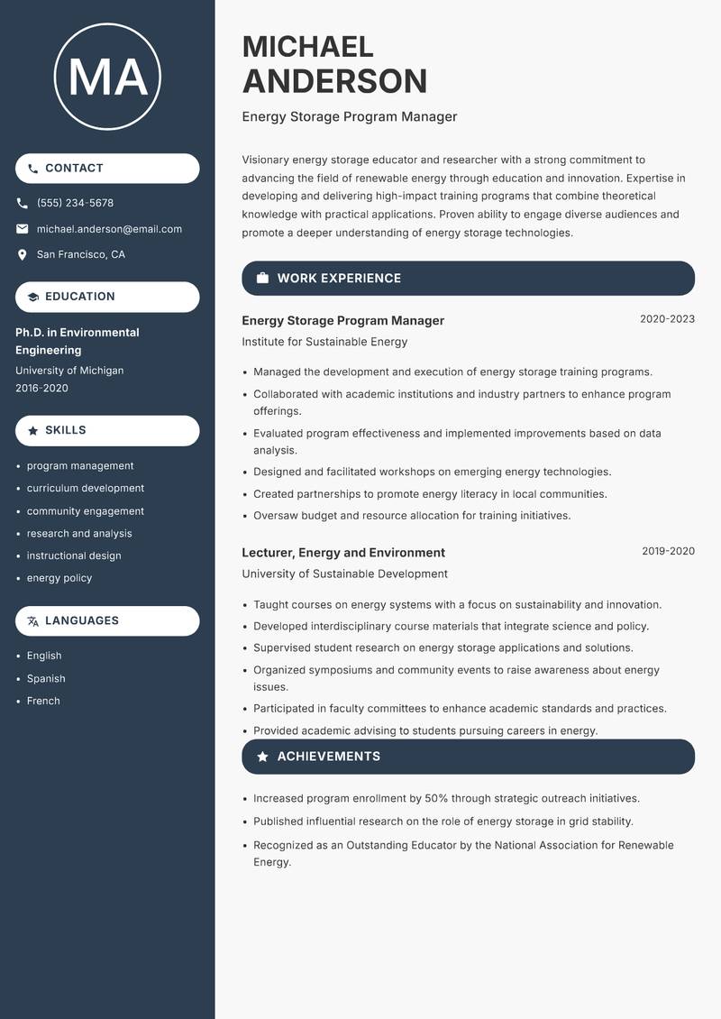 Energy Storage Instructor resume template — Compact