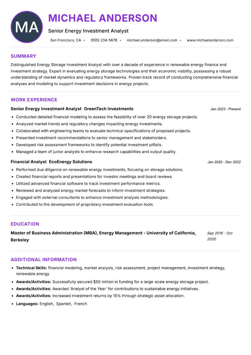 Energy Storage Investment Analyst resume example — ATS-friendly template