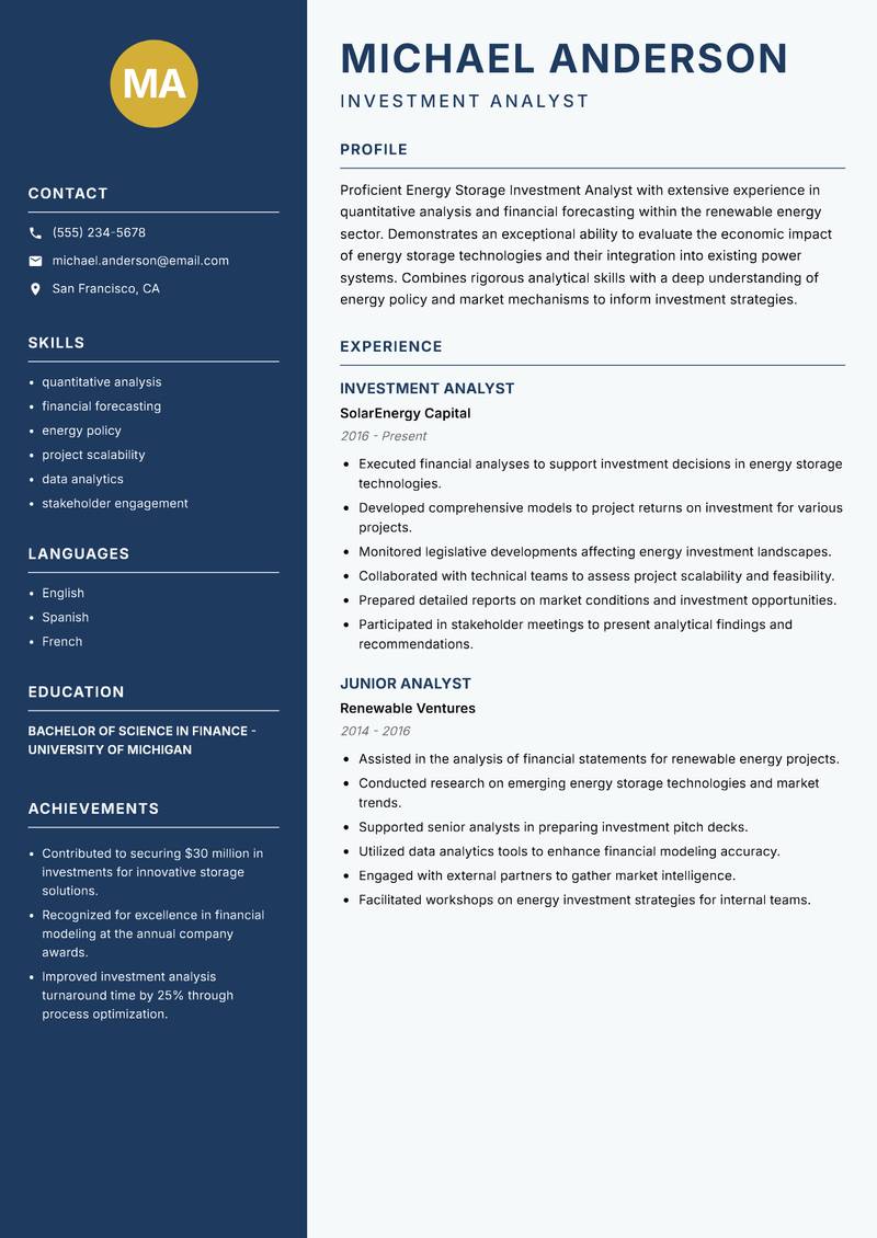 Energy Storage Investment Analyst resume template — Classic Clean
