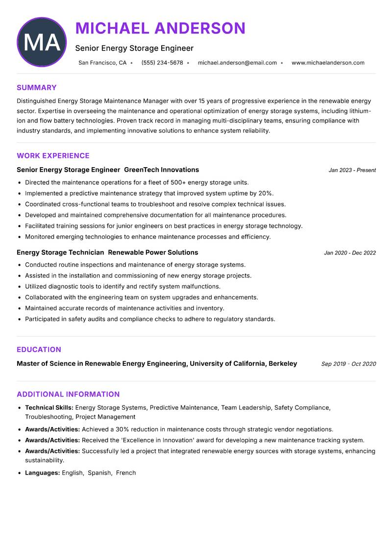 Energy Storage Maintenance Manager resume example — ATS-friendly template