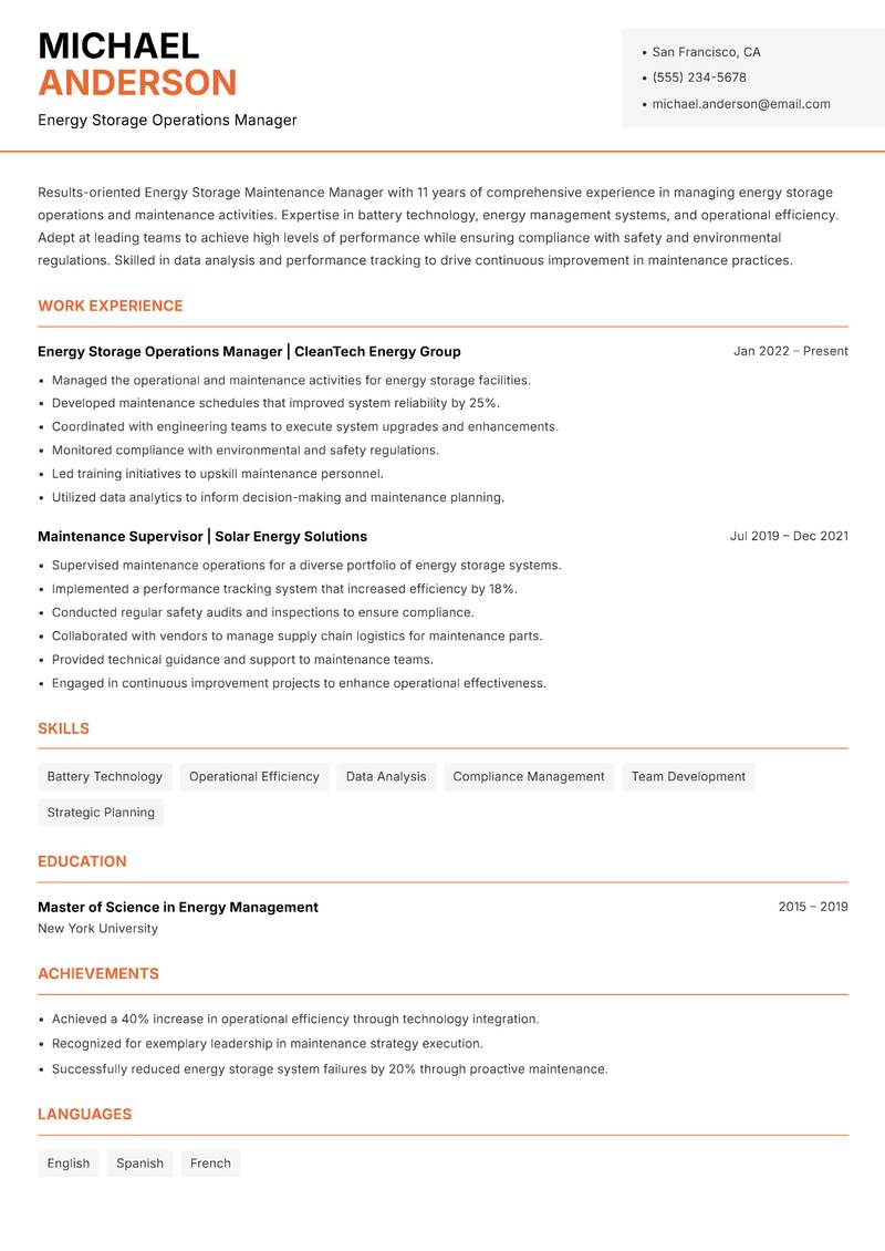 Energy Storage Maintenance Manager resume template — Modern Professional