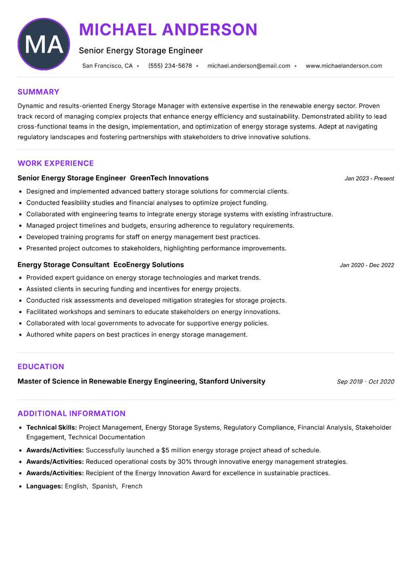 Energy Storage Manager resume example — ATS-friendly template