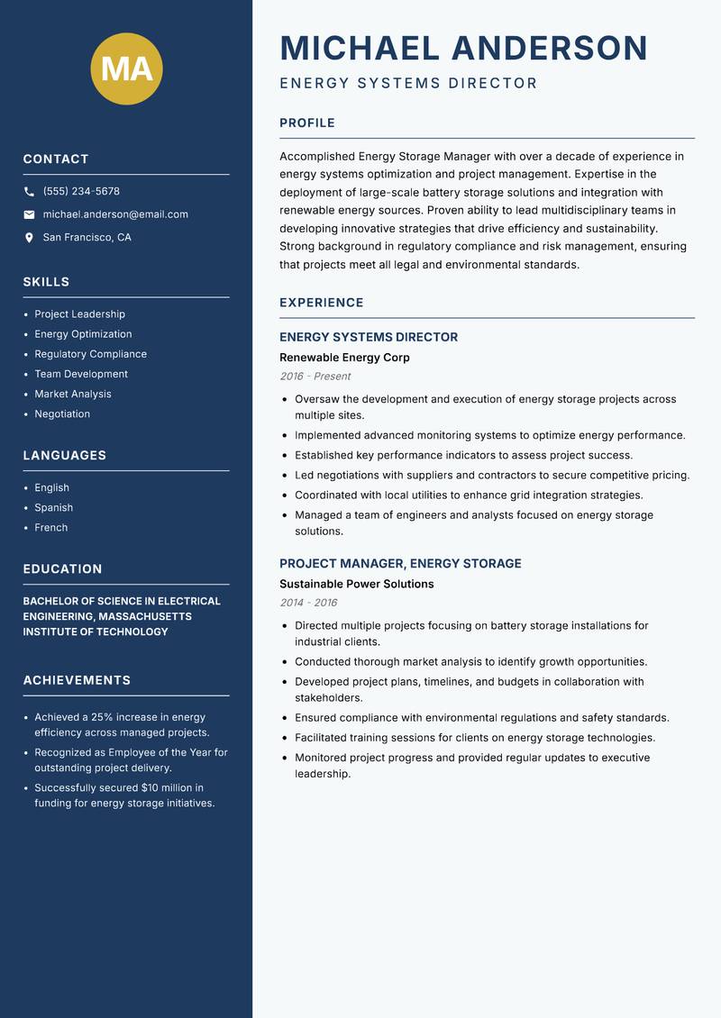 Energy Storage Manager resume template — Classic Clean