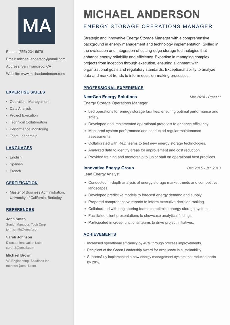 Energy Storage Manager resume template — Creative Minimal