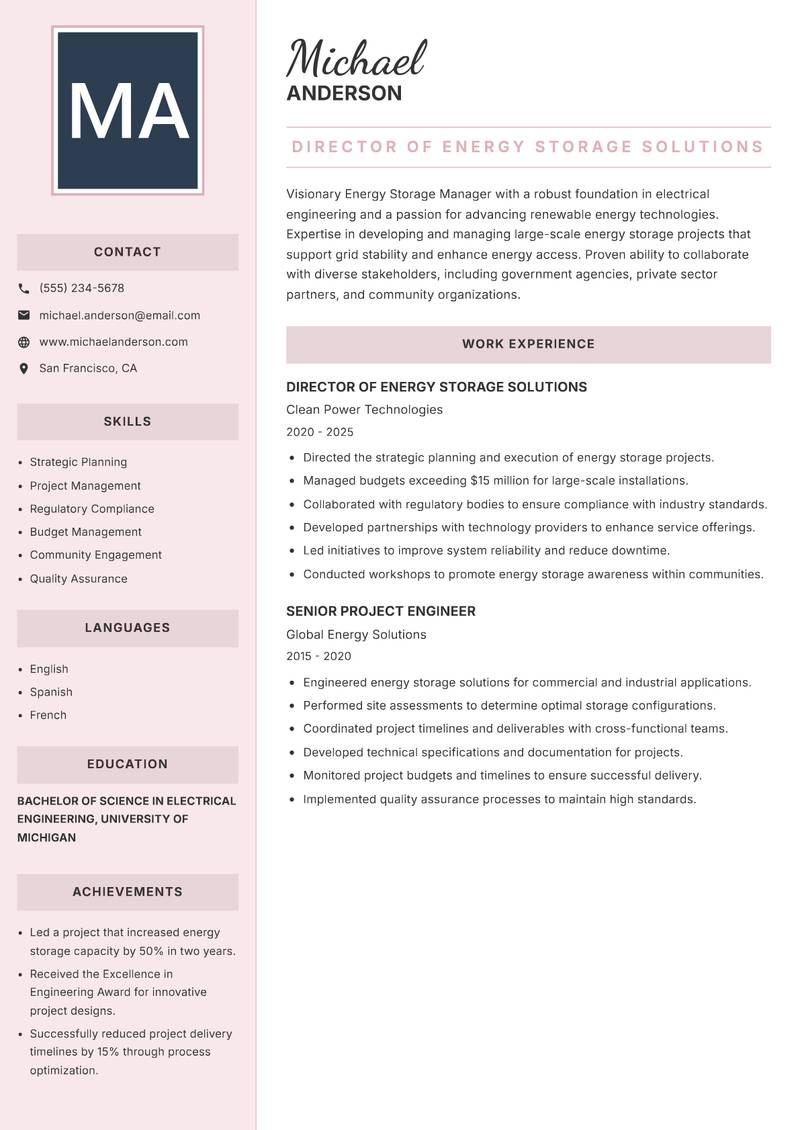 Energy Storage Manager resume template — Executive