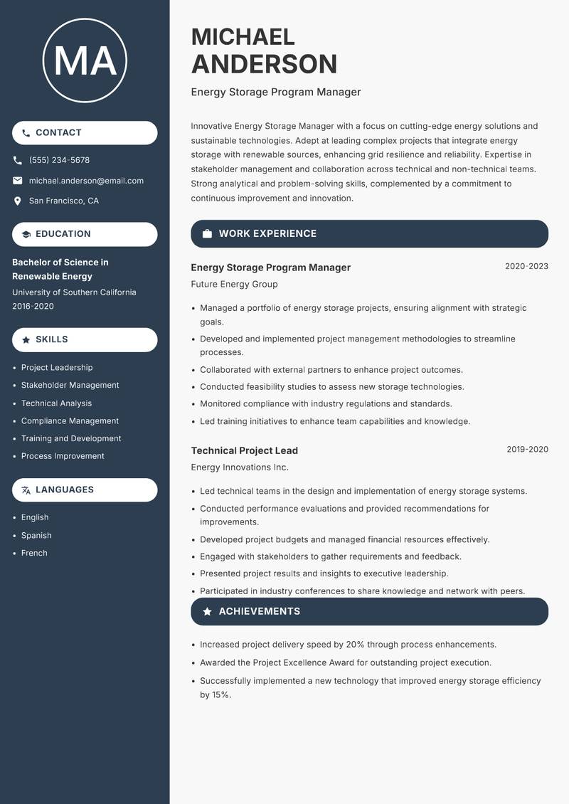 Energy Storage Manager resume template — Compact