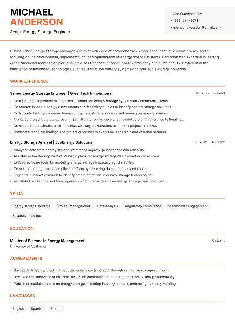 Energy Storage Manager resume template — Modern Professional