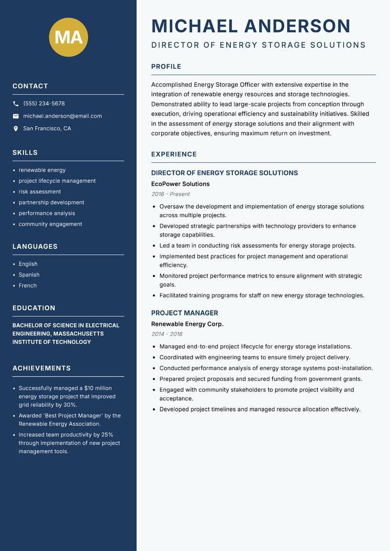Energy Storage Officer resume template — Classic Clean