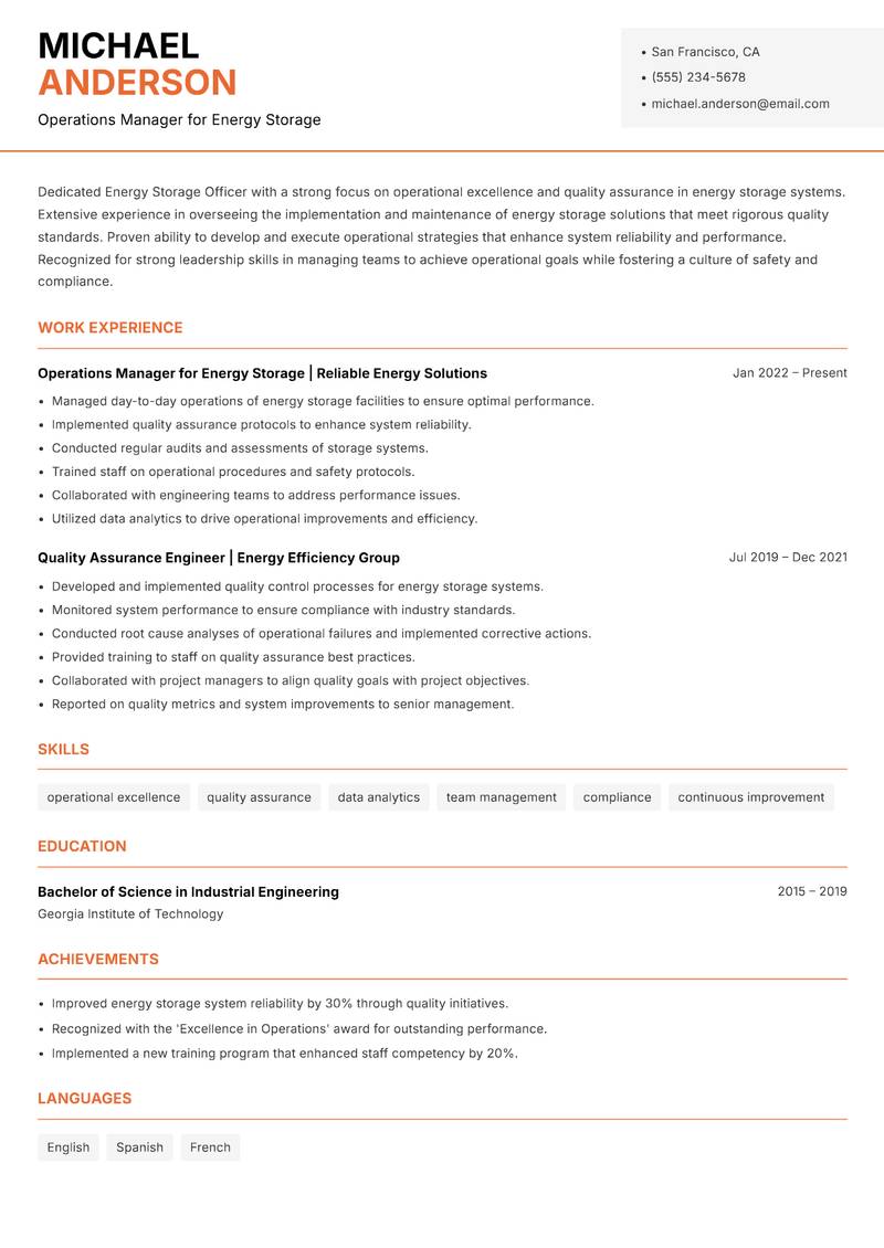 Energy Storage Officer resume template — Modern Professional