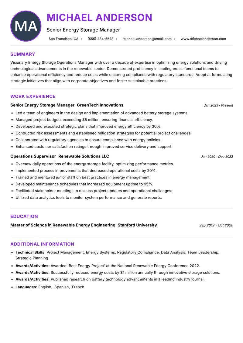 Energy Storage Operations Manager resume example — ATS-friendly template