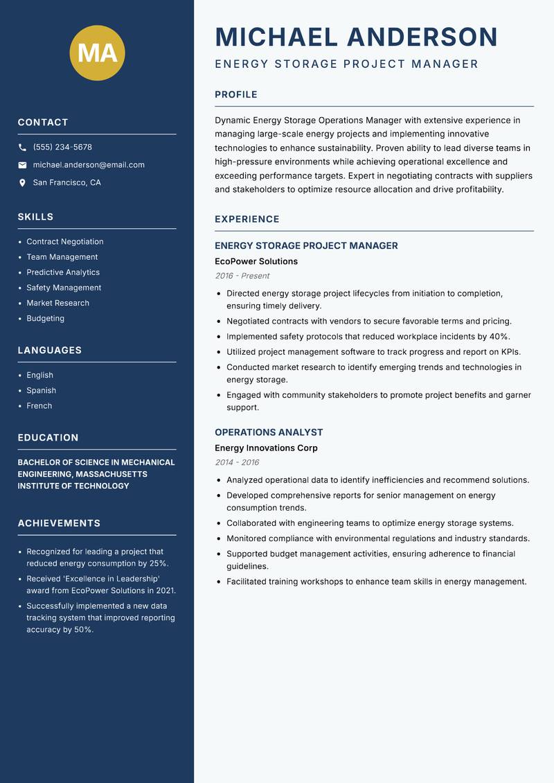 Energy Storage Operations Manager resume template — Classic Clean