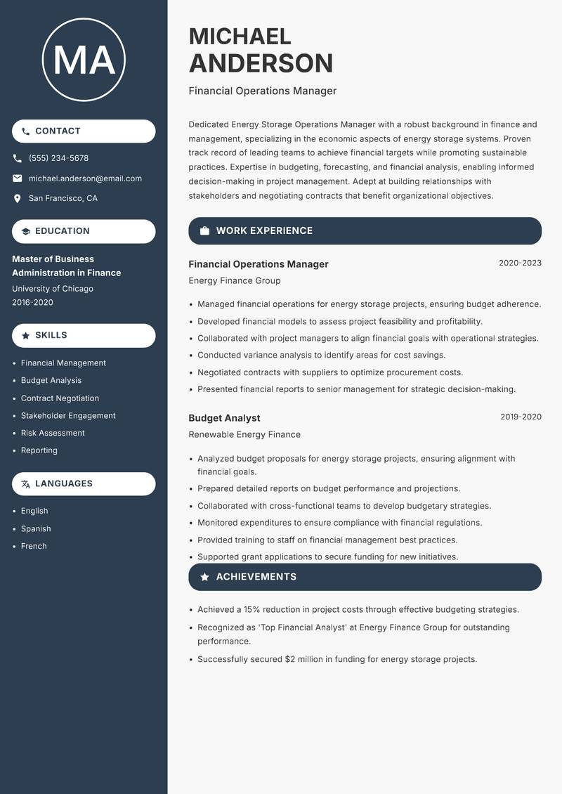 Energy Storage Operations Manager resume template — Compact