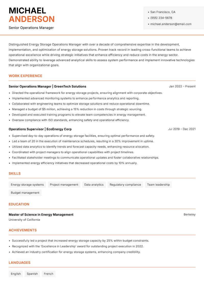 Energy Storage Operations Manager resume template — Modern Professional